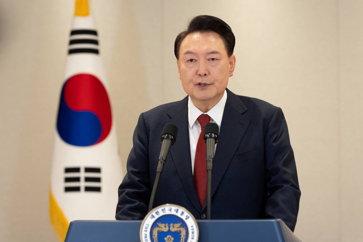 South Korean President Yoon Suk Yeol delivers an address to the nation at the Presidential Office in Seoul